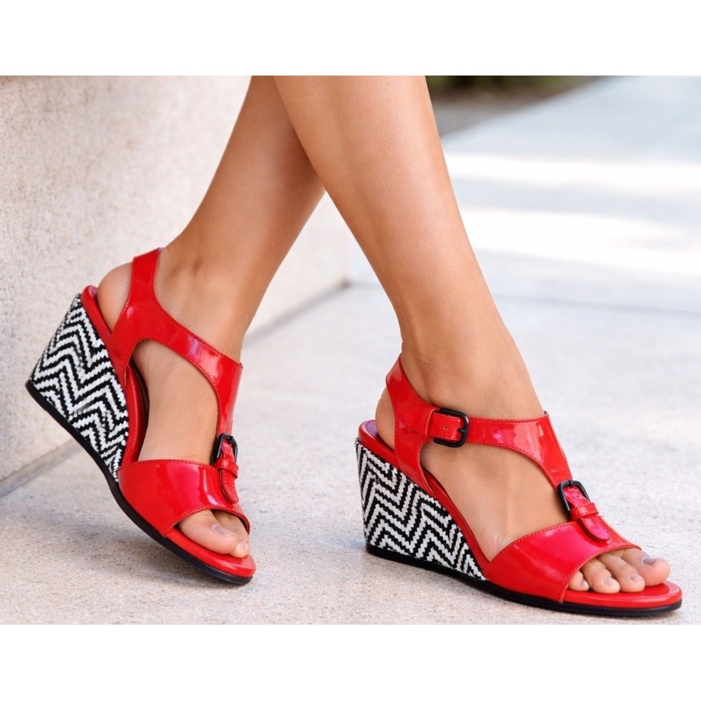 ANYI LU Lola Cork Wedge Heel Sandals US 4.5 T-Strap Red Patent Leather EU 34.5